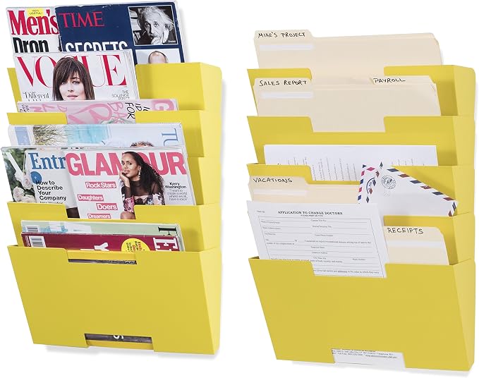 Wallniture Lisbon 10-Tier Metal Wall File Holder Organizer for Organization and Storage, Yellow Office Decor and Magazine Holder