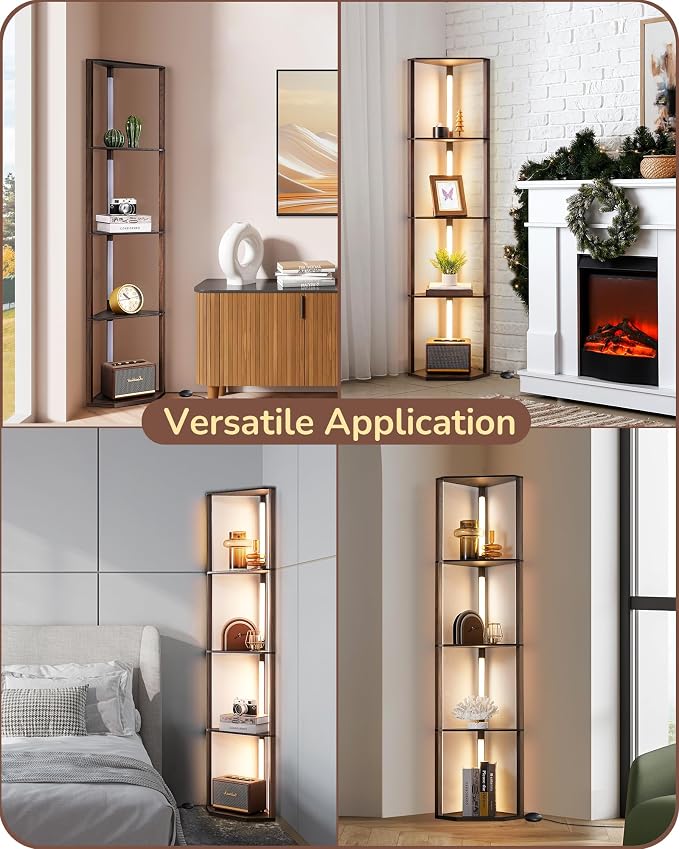 EDISHINE Dimmable LED Floor Lamp with Shelves, Corner Floor Lamps for Living Room, Corner Shelf with LED Light, 3CCT, Modern Standing Lamp, Floor Lamp for Bedroom, Office, Walnut | 4-Layer Shelf, Foot Switch, Rotatable Light Bar, Modern Corner Lamps fo...