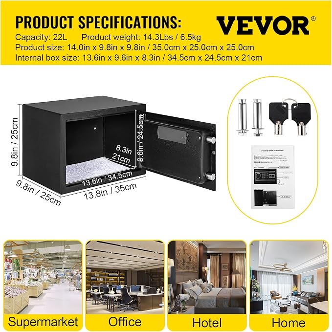 VEVOR Safe - 0.8 CU.FT Fingerprint Safe Box, Q235 Steel, 2 Keys & Digital Keypad for Money, Jewelry, Pistols, Documents, Watches - Home, Office & Hotel