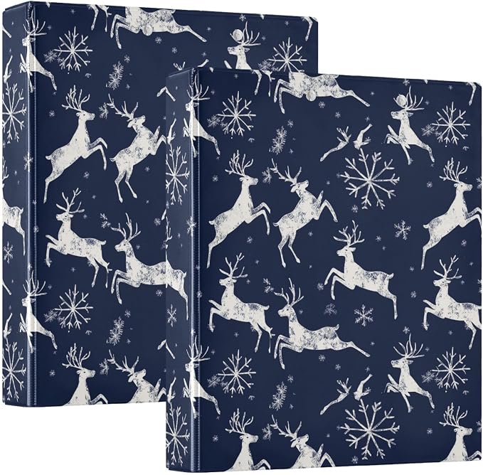 Rustic Winter Reindeer Snowflake Navy Blue 3 Ring Binder 1.5" Decorative D-Ring Binder with Clipboard&3 Clear Pockets, Holds 200 Sheets A4 Size Paper Waterproof Binders for School Home Office