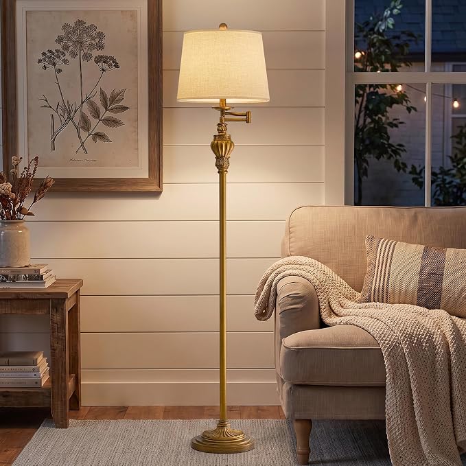 Vintage Floor Lamp with 350° Adjustable Swing Arm 61" Lamps for Living Room | Gold Floor Lamp, Standing Lamp for Bedroom, Retro Brass Antique Floor Lamp Mid Century Farmhouse Rustic Tall Swivel Pole Lamp