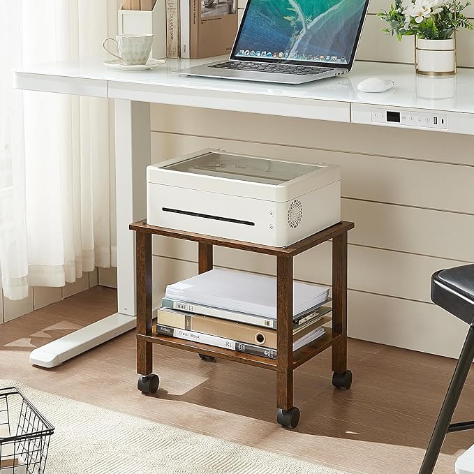 YUFAM 2 Tier Under Desk Printer Stand with Storage, Brown | Wooden Small Printer Table for Home Office, Rolling Printer Cart Shelf with Lockable Wheels
