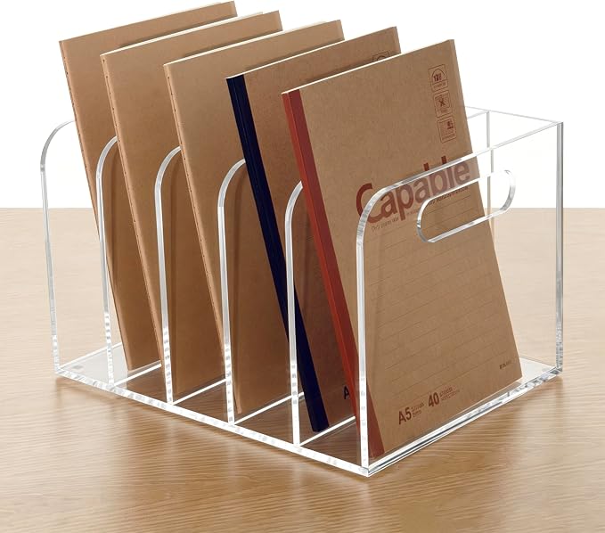 Lovemolly 5-Slot Clear Acrylic Magazine File Holder, Vertical Desk Organizer with Handle – No-Assembly Document Sorter for Office & Home, 7.48 x 10.04 x 6.3 in