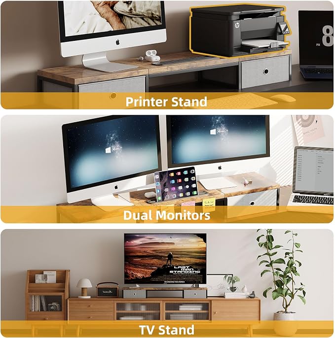 39 Inch Dual Monitor Stand Riser with 2 Drawers - Large Brown Wooden Computer Stand for 2 Monitors, Ergonomic Desk Organizer with Phone Holder, Desktop Storage for Laptop, Office Supplies, Home Office