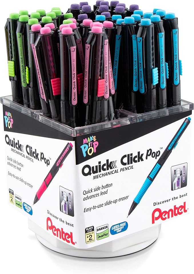 Pentel Quick Click Pop Mechanical Pencil, (0.7mm) Med. Line, Assorted Barrels, Spinner Display - 42 Pieces (PD217A-42)