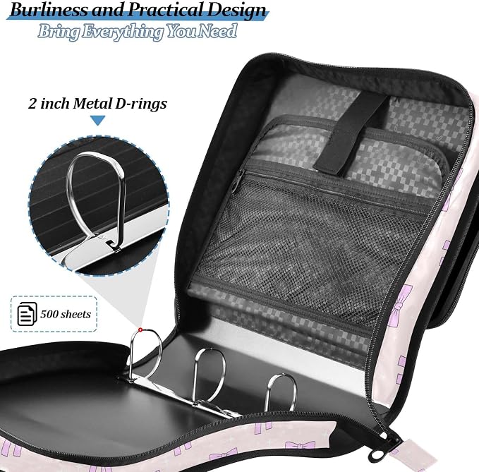 Aslsiy Zipper Binder Bag for Girls Boys Lovely Bows Star Pink Kids 2 inch 3-Ring Binder Organizer with Shoulder Strap for School Office Supplies
