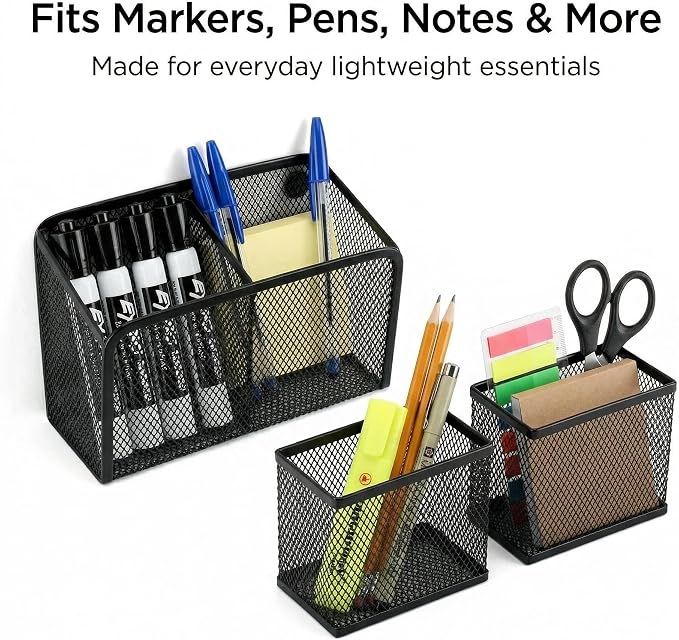 Neudeco Magnetic Locker Organizer, Set of 3, Black | Mesh Pencil Holder & Storage Basket, For Locker, Whiteboard & Refrigerator, Strong Magnet, School Supply Organizer