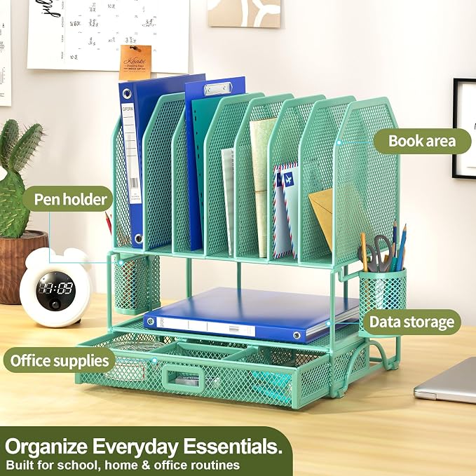 FANXIYQ Metal Desk Organizer with Sliding Drawer, 7-Section File Organizer for Desk, Desktop File Folder & Paper Organizer with 2 Hanging Pen Holders, Office Supplies Organizer, Green