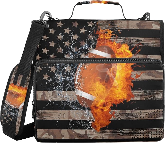 Fisyme Football American Flag Zipper Binder 3 Ring with Zipper and Shoulder Strap Large Capacity Multi-Pocket Binder Organizer
