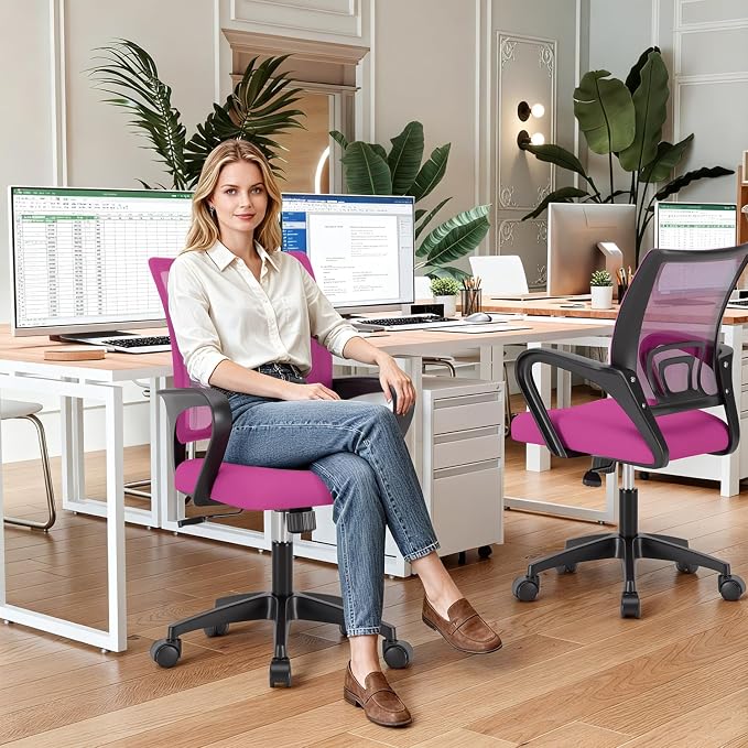 BestOffice Ergonomic Office Chair | Mid-Back Swivel Desk Chair | Pink | with Lumbar Support, Adjustable Height & Breathable Backrest | Sponge Seat & Rolling Wheels | for Home, Office | Pack of 1