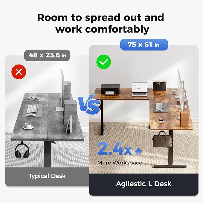 Agilestic 75 x 61 Inch L Shaped Standing Desk with Powerstrip, Rustic Brown | Outlets, Cable Management, Corner Desk, Ample Workspace, Memory Presets, Hooks, Stable Steel Frame,176 lbs, Splice Board