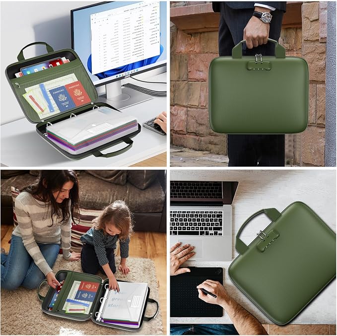 Fireproof Binder Organizer with 20 Pack Binder Pockets & Lock,Green | Important Document Box with Zipper,Water Resistant Hard Case, Portable Home Office Safe Storage Protection for Letter Size