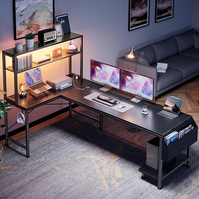 L Shaped Gaming Desk with LED Lights & Power Outlets | Reversible Computer Desk with Storage Shelves & Bag, Large Corner Home Office Desk for Work from Home, Carbon Fiber Black