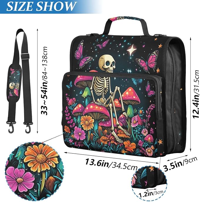 MNSRUU 3 Ring Binder Bag, 2 Inch D-Rings Easily Organizes 1 Inch Fits Letter Sized Paper, Skeleton Sitting on Mushrooms with Butterflies Large 3 Hole Zipper Binder Organizer for School Office Suppli