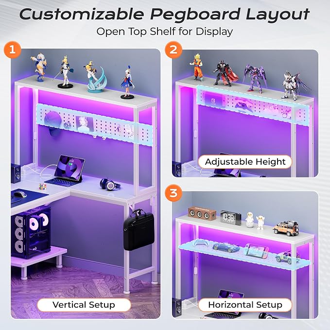 L Shaped Gaming Desk with LED Lights & Power Outlets | Reversible Computer Desk with Storage Shelves & Bag, Large Corner Home Office Desk with Pegboard for Work from Home, White
