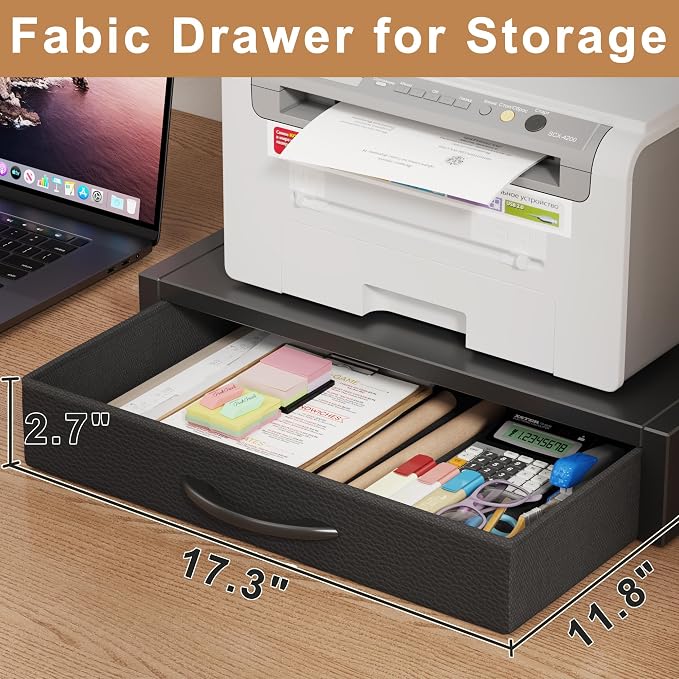 YAOHUOO 2-Tier Desktop Printer Stand with Fabric Drawer,19.6"x14.9" Black | Printer Table with Storage Shelf,Desk Organizer for Home Office,Fit Printer,Fax Machine,Scanner,Space Saving for Two Monitors