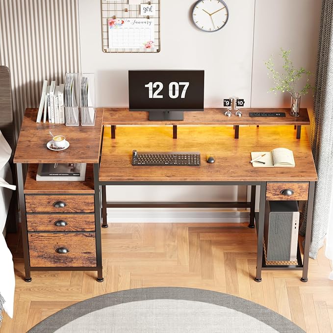 Furologee 60" Computer Desk with 4 Drawers, Power Outlet, LED, Rustic Brown | Home Office Desk with Full Monitor Stand,Storage Shelves, 4 File Drawers Cabinet ,Printer Space for Study Working Bedroom