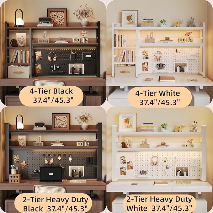 Desktop Hutch Bookshelf, 2-Tier Metal Desk Shelf for Top of Desk | Heavy Duty Countertop Organizer Rack with Peg Board & Accessories Space-Saving Storage for Dorm, Office & Home