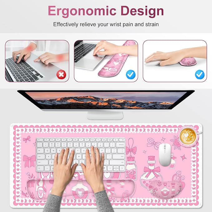 Desk Mat Pad, Gaming Mouse Pad Wrist Support Set, 4 in1 Non-Slip XXL Large Mousepad + Ergonomic Keyboard Wrist Rest+Mouse Wrist Rest+Coaster for Home Office Computer I Pink Kawaii Bow Bottle