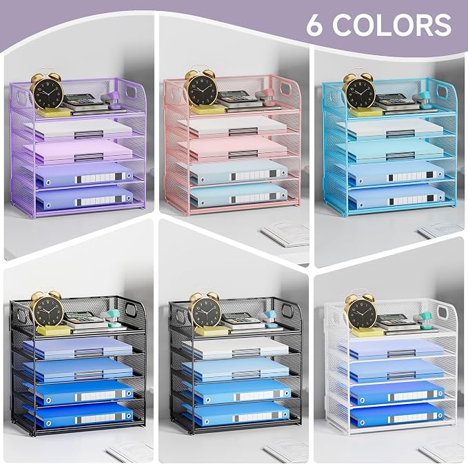 5-Tier Stackable Paper Organizer with Handle, Purple | Metal Mesh Letter Tray, Elegant Desk File Sorter for Office, Home & Classroom Organization