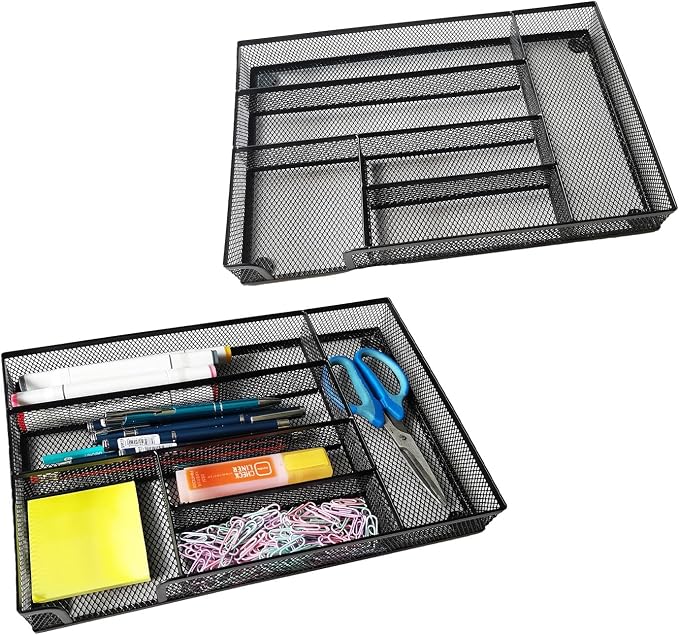 Desk Drawer Organizer Metal Mesh Drawer Organizer Tray for Office School or Home Supplies Desktop Storage Stationery, 6 Compartments, 12.6 x 8.27 x 1.57 inch，Black (2pc pack)
