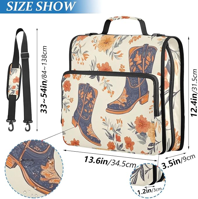 Fisyme Retro Cowgirl Boots Western Zipper Binder 3 Ring with Zipper and Shoulder Strap Large Capacity Multi-Pocket Binder Organizer