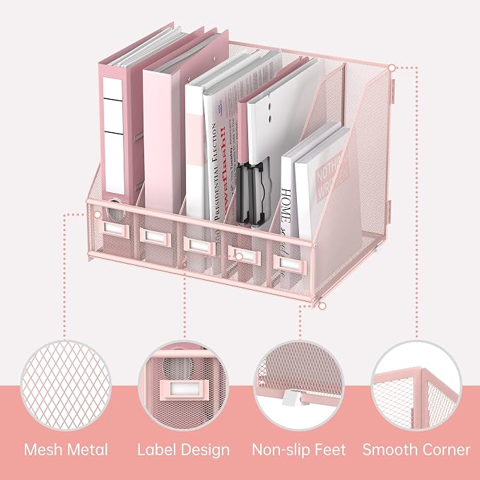 Desk Organizers Metal Desk Magazine File Holder with 5 Vertical Compartments Rack File Organizer for Office Desktop, Classroom, Home Workspace, Pink Plus