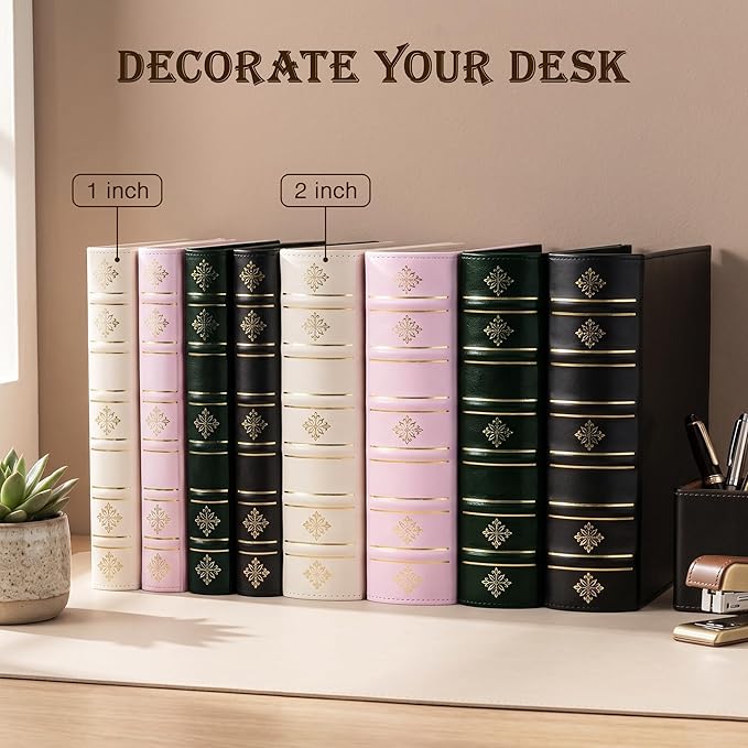 Ospelelf Leather 3 Ring Binder 2 Inch, Vintage D Ring Binder with Pockets and 5 Tab Dividers, Hardback Book Style Document Organizer Fits Letter Size for Home and Office White