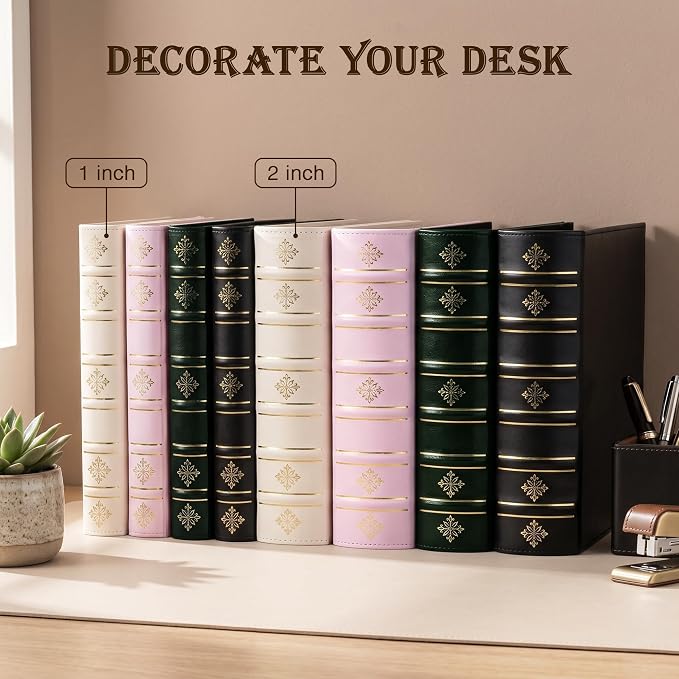 Ospelelf Vintage 3 Ring Binder 2 Inch, Leather D Ring Binder with Pockets and 5 Tab Dividers, Hardback Book Style Document Organizer Fits Letter Size for Home and Office Green