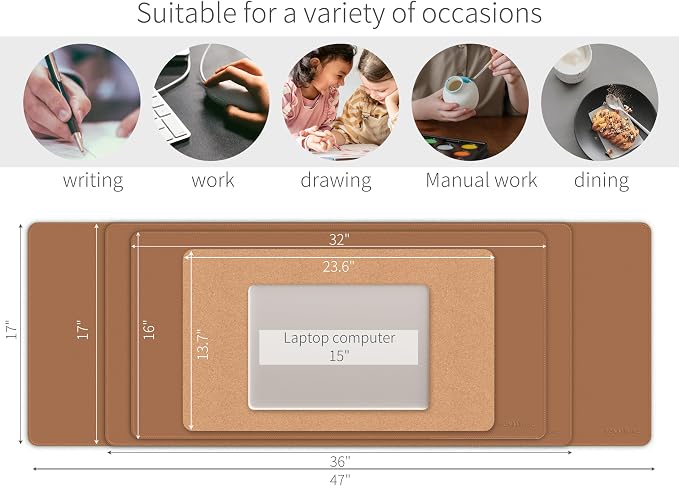 RENMTURE Dual-Sided Mouse Pad, Natural Cork & PU Leather Large Desk Pad for Office and Home Work, Desk Protector Non-Slip, Waterproof, Easy Clean (Brown,47"x17")