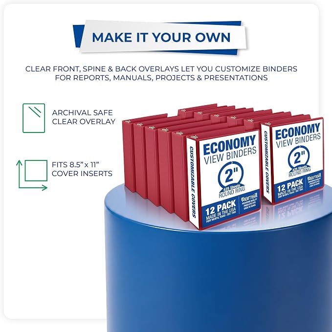 Samsill 2 Inch 3 Ring Binders, Economy Round Ring, Clear View Cover, 425 Sheet Capacity - for School, Home, Office - Red, 12 Pack