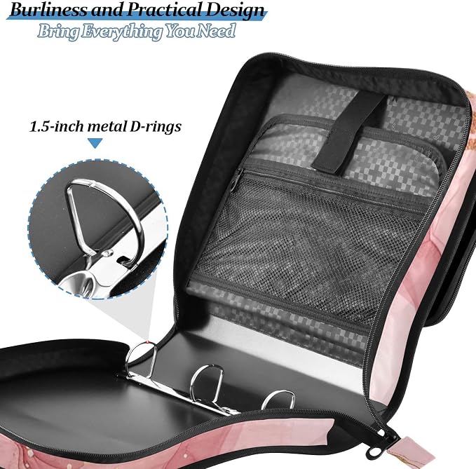 Pink Gold Watercolor Marble Zipper Binder with Shoulder Strap Trapper Keeper 3 Ring Binder Organizer Large Capacity Multiple Compartments for School Office
