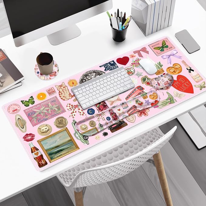 Desk Mat Pad, Gaming Mouse Pad Wrist Support Set, 4 in1 Non-Slip XXL Large Mousepad + Ergonomic Keyboard Wrist Rest+Mouse Wrist Rest+Coaster for Home Office Computer I Pink Colorful Stickers