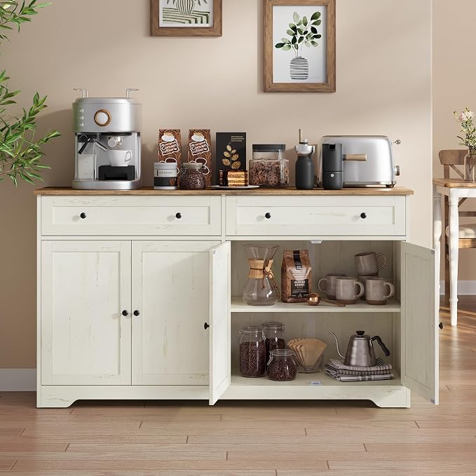 VASAGLE Siren Collection - Buffet Cabinet, Farmhouse Coffee Bar Cabinet with 2 Drawers, Adjustable Shelves, 4 Doors, Sideboard, 15.8 x 55.1 x 31.5 Inches, Rustic White and Honey Brown ULSC541WJ01S