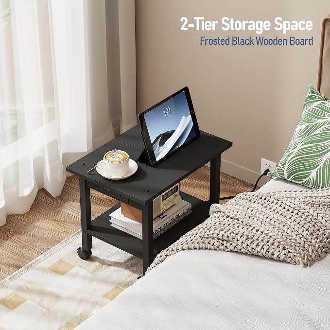 TUTOTAK Printer Stand, 2 Tier Rolling Printer Cart with Charging Station | Small Under Desk Printer Table with Wheels for Small Space, Office, Home, Black PS01BK001P