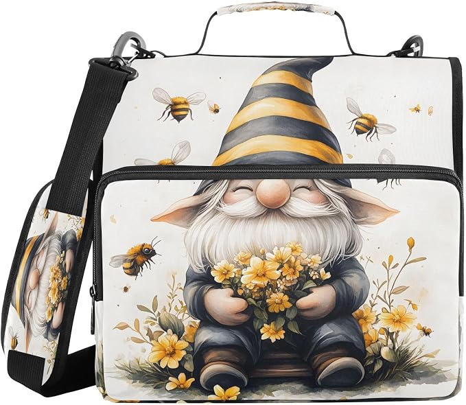 3 Ring Zipper Binder with Shoulder Strap Bee Gnome Yellow Flower 2 Inch Zippered Binder Bag 500 Sheet Capacity Multi Pockets for School Supplies