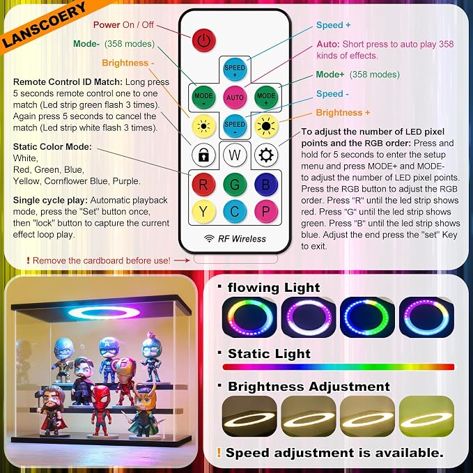LANSCOERY Acrylic Display Case with RGBW Lights, 3 Tier Black | 11.8 x 6.3 x 9.4 in case displays small figures on desks or shelves with tiered rows and front access.