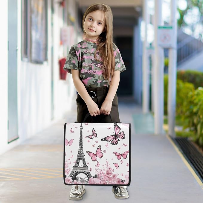 MNSRUU 3 Ring Binder Bag, 2 Inch D-Rings Easily Organizes 1 Inch Fits Letter Sized Paper, Eiffel Tower Butterflies Large 3 Hole Zipper Binder Organizer for School Office Supplies