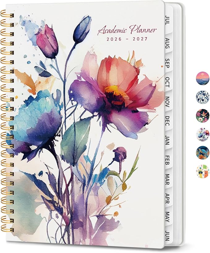 Planner 2026-2027, Academic Year Monthly & Weekly Planner Caledndar, July 2026 - June 2027, Hardcover Large Planning Agenda Book with Tabs for School Office Supplies, 6.3" x 8.5" - Painted Bloom