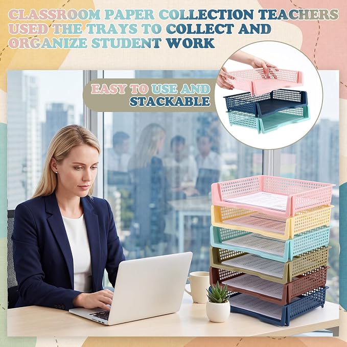 Weysat 6 Pcs Turn in Trays Classroom, Stackable Paper Tray for Classroom Organization Plastic Desk File Organizer Bin Basket for Library Drawer Teacher Office Document Storage (Morandi Tones,Wide)