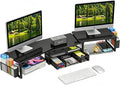 Simple Trending Dual Monitor Stand with Drawer and 2 Pen Holders, Black | 42"L x 9.5"W x 4.75"H. Sturdy metal. Fits 2 monitors. Reduces neck strain. Drawer + 2 pen holders. Easy assembly. 24h support