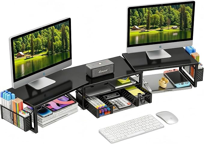 Simple Trending Dual Monitor Stand with Drawer and 2 Pen Holders, Black | 42"L x 9.5"W x 4.75"H. Sturdy metal. Fits 2 monitors. Reduces neck strain. Drawer + 2 pen holders. Easy assembly. 24h support