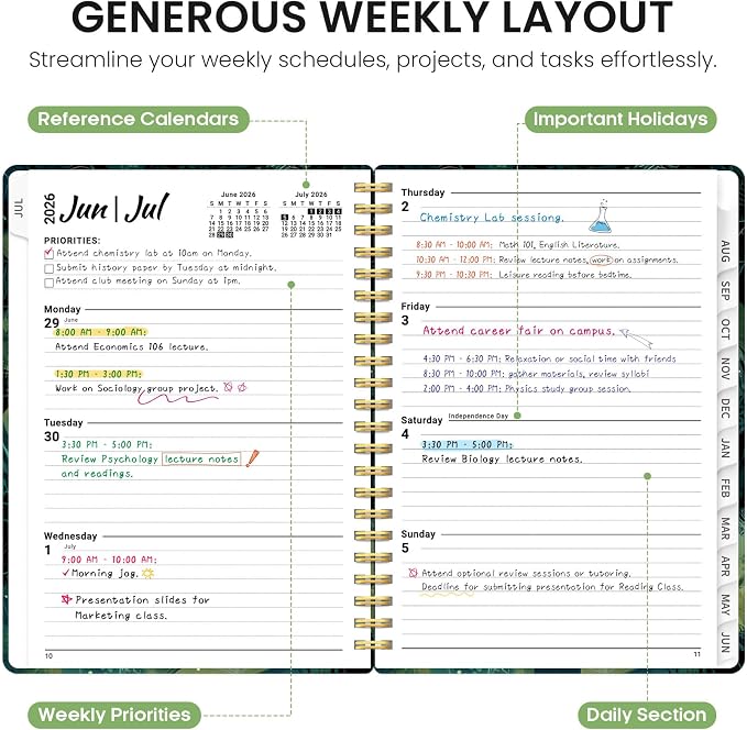 Planner 2026-2027, Monthly & Weekly Jul 2026-Jun 2027 Calendar Book | 6.3" x 8.5", Hardcover Spiral Planner with Tabs, School & Daily Pretty Agenda for Women, Students, Teachers, Mystic Grove