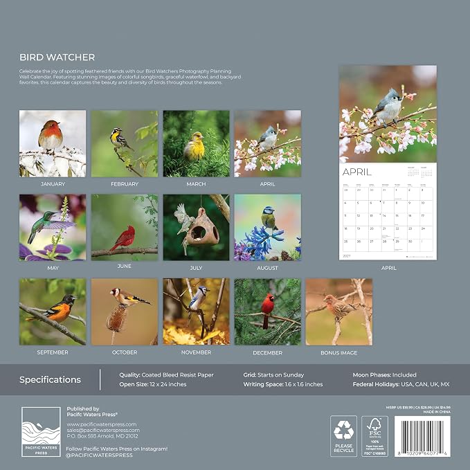 Bird Watcher 2027 Wall Calendar, 12 x 24 Hanging Pacific Waters Press