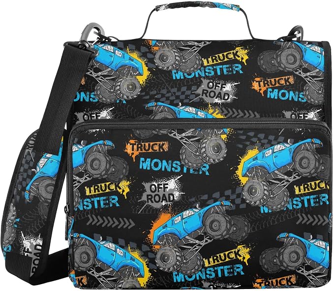 Monster Truck Print Zipper Binder Bag 3 Ring with Shoulder Strap & Handle Multi Pocket Binder Organizer Bag Large Capacity for School Office Supplies