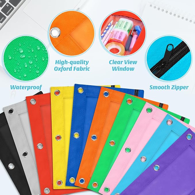 100 Pack Pencil Pouch for 3 Ring Binder | Binder Pencil Pouch, 10 Assorted Colors with Smooth Zipper Pencils Pouches for Binders for School , Office Supplies