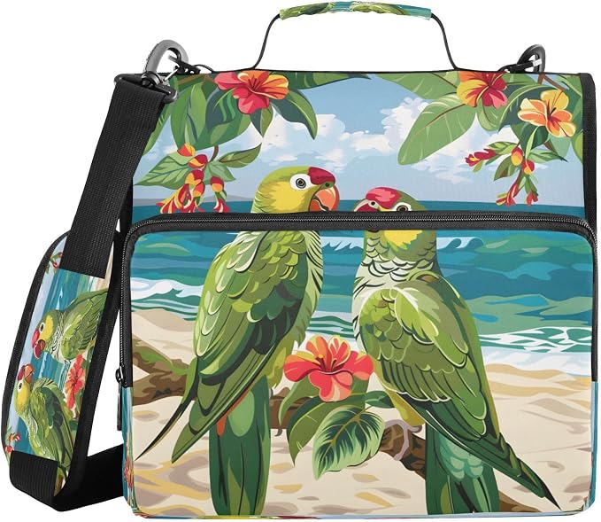 Parrots on The Beach Zipper Binder 3 Ring with Handle and Shoulder Strap, 500 Sheet Binder Organizer Capacity & Multi-Pockets for School Office