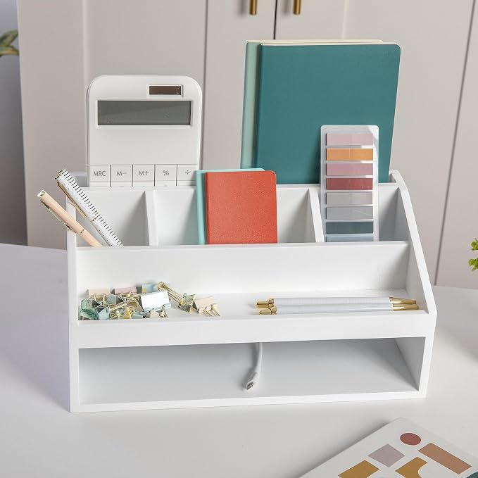 Martha Stewart Weston Wood Desktop Organizer, White | Open Lower Storage, Engineered Wood, Multipurpose
