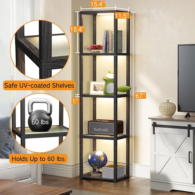 OUTON 67" Glass Display Shelf with Dimmable LED Floor Lamp, Collectibles Display Cabinet with Remote & App Control, 5 Tier Open Bookshelf Lamp for Living Room, Bedroom, Office, Home Decor, Black
