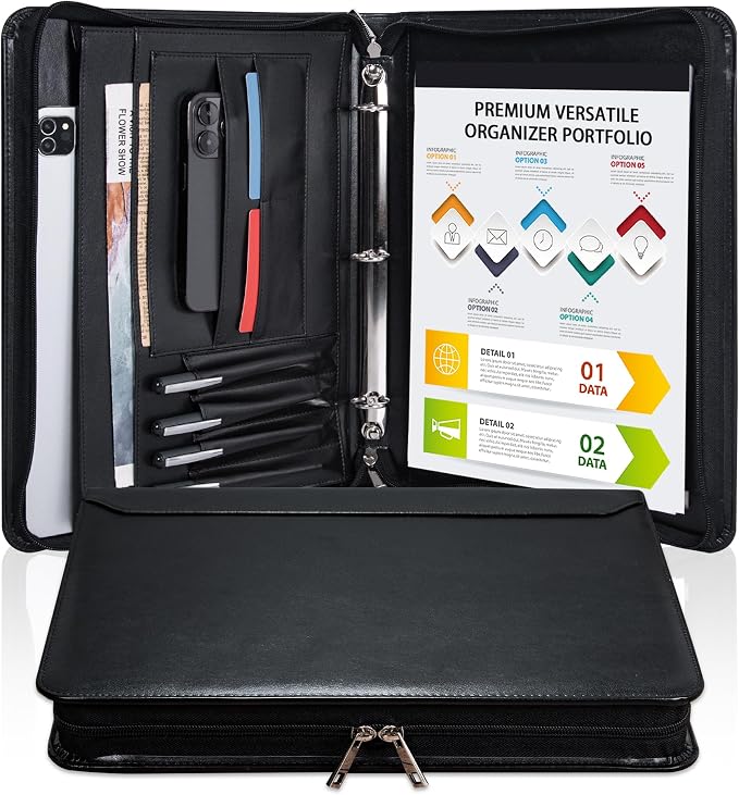 Black Vegan Leather Binder Portfolio for Women and Men,3 Ring Portfolio Binder with Zipper, A4 Planner Padfolio with Laptop Pocket,Legal Size Folio,Work padfolio Organizer for Women